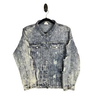 Bibi Blue Jean Acid Wash Distressed Long Sleeve Button Up Denim Jacket Size M